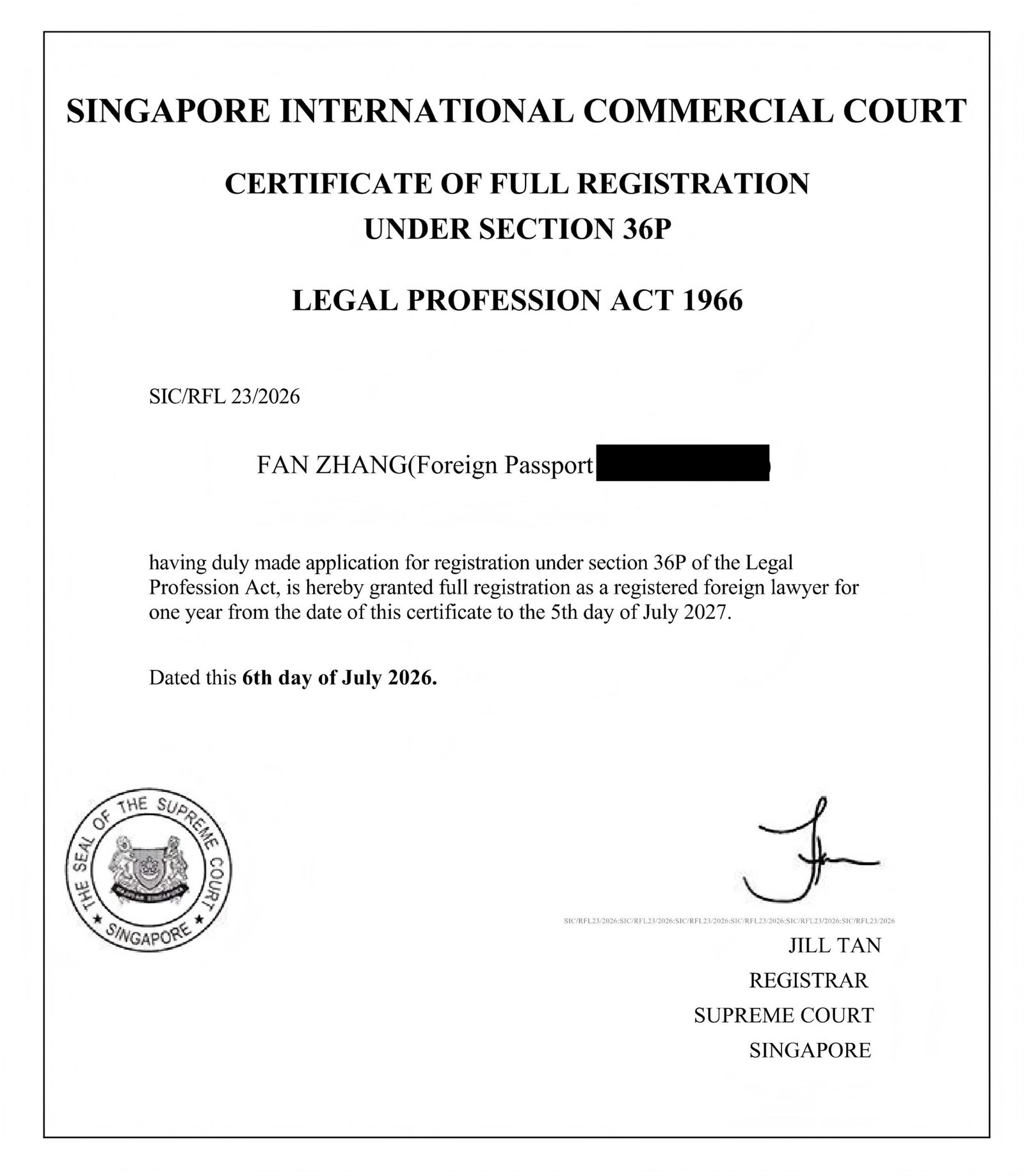 Fan Zhang Granted Full Registration as Registered Foreign Lawyer at the Singapore International Commercial Court